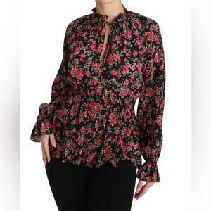 Authentic Dolce & Gabbana Rose Floral Silk AOP Blouse Shirt Top Ruffle Detail S